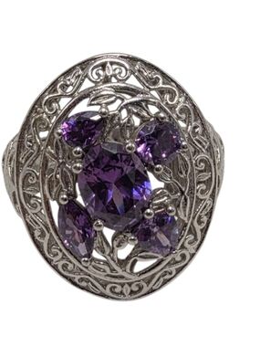 STS Karis Purple Amethyst Oval Filigree Ring Ornate Cocktail Statement Size 7